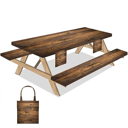 Outdoor Picnic Table Cover with Bench Covers 8Ft 3-pc Set Grey barn wooden wall planking texture hardwood dark weathered timber Elastic Extra Long Rectangular Tablecloth Camping Waterproof Wipeable