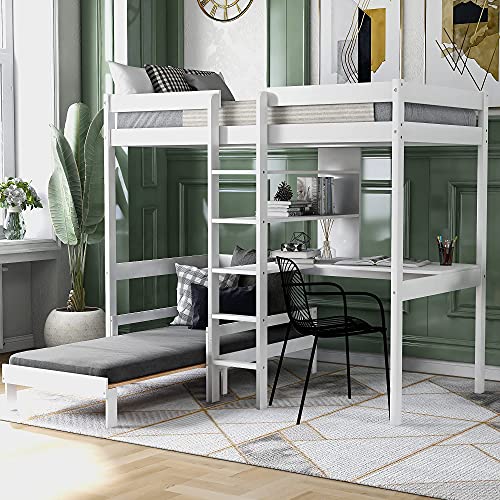 Convertible Loft Bed with L-Shape Desk, Wooden Bunk Bed with Shelves and Ladder for Boys and Girls,White