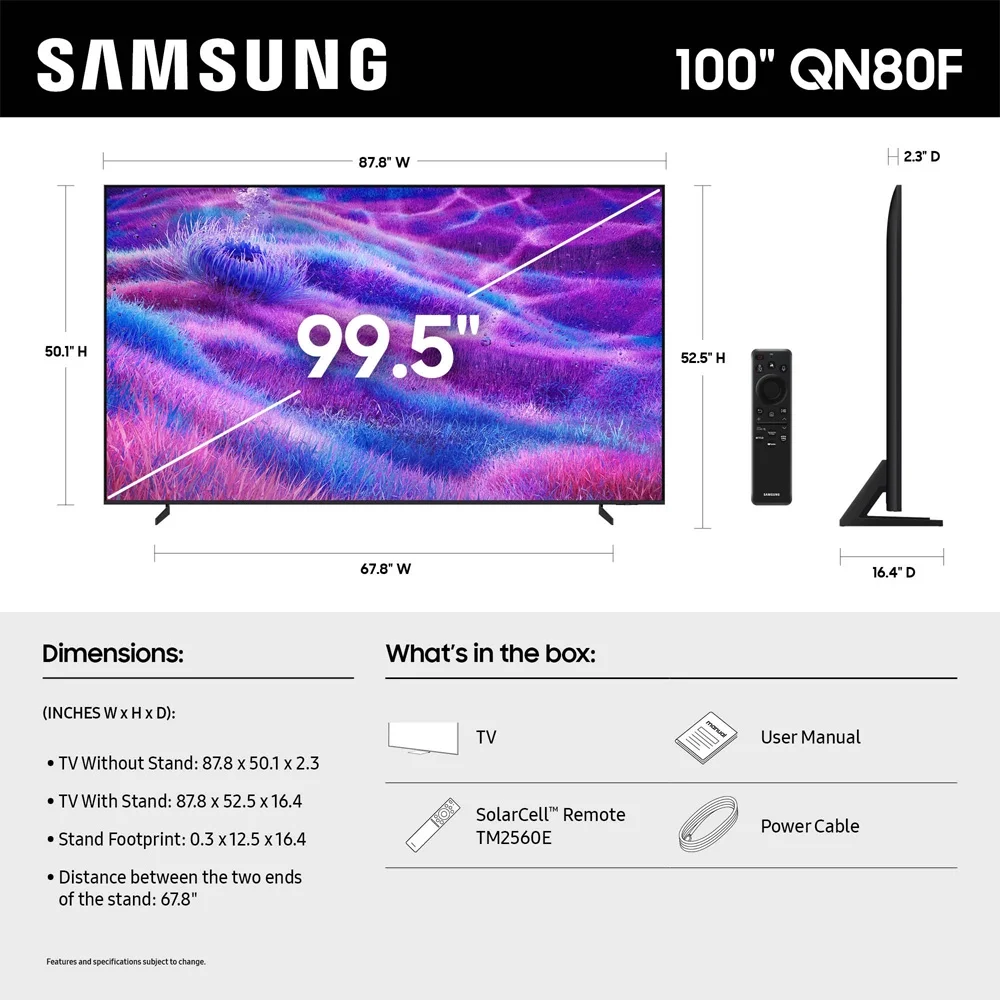 Samsung 100" Class Neo QLED QN80F 4K Vision AI Smart TV (2025) – Dolby Vision – HDR10+ – 120Hz – Wi-Fi 6E – Voice Remote – HDMI Cable + 24 Month CPS Warranty + Streaming Bundle