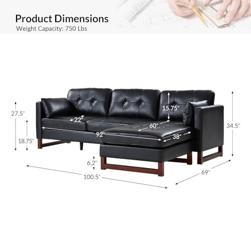HULALA HOME Genuine Leather Sectional Sofa, 100 inch L Shaped Sofa Couches, Upholstered Reversible 3 Seater Sofa Couch with Chaise, Couches for Small Spaces, Living Room, Apartment,Brown