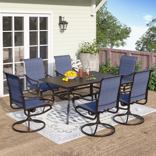 PHI VILLA 7 Piece Patio Dining Set, 6 Outdoor Swivel Dining Chairs with Blue Padded Textilene and 1 Large Metal Table(1.7''Umbrella Hole), Outdoor Dining Furniture Set for Lawn Garden Deck