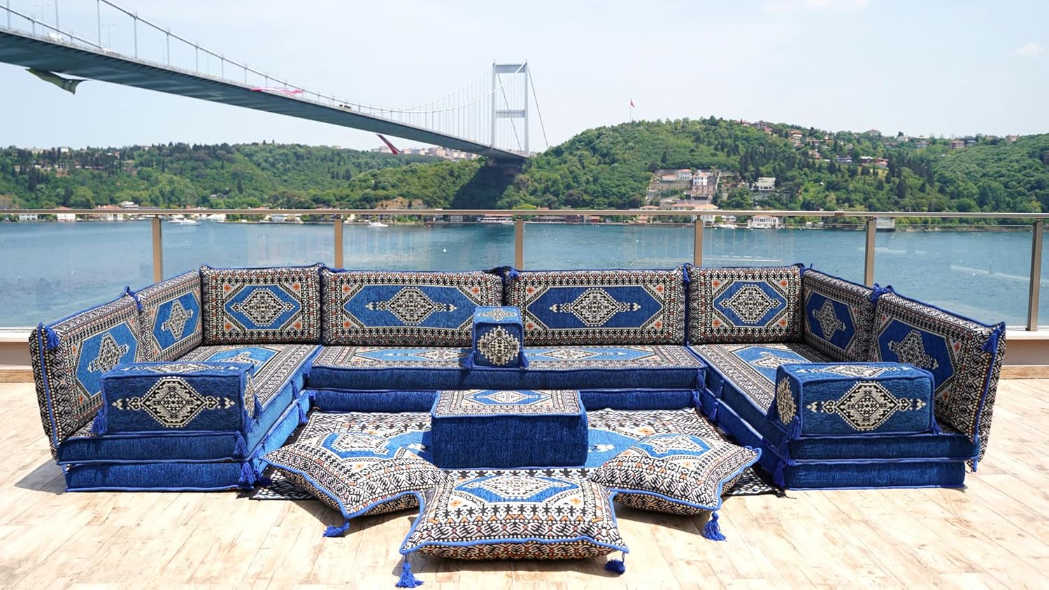 U Shaped Arabic Sofa Set, Floor Cushions, Patio Sofas, Floor Sofa, Pallet Sofa, Ethnic Sofa, Moroccan Rug, Sectional Sofas, Arabic Majlis Set (8'' Thickness Sofa, U Sofa Full Set, Royal Blue)