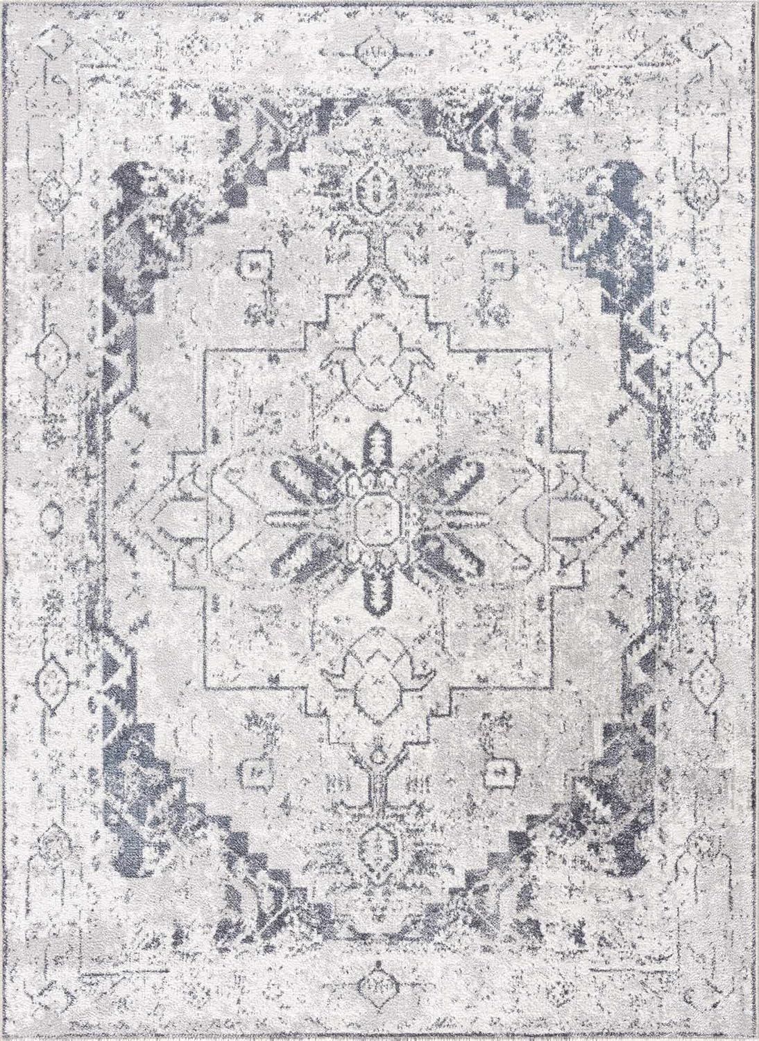Hauteloom Hera Machine Washable Living Room Bedroom Area Rug - Pet Friendly - Vintage Distressed - Bohemian Oriental Persian Traditional Look - Grey, Cream, Antrasit - 5'3