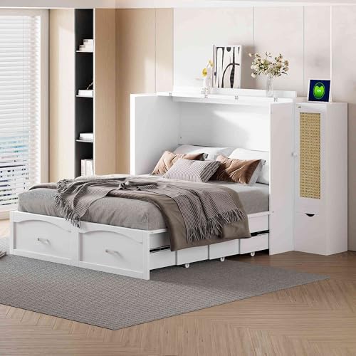 Foldable Full Size Murphy Bed, Hidden Cube Cabinet Bedframe with Slat Support, Space-Saving Wallbed for Bedroom, Livingroom, White