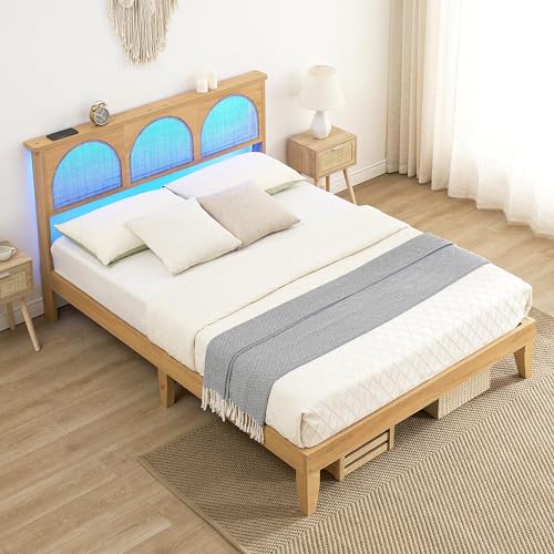 Full Platform Bed with Adjustable RGB LED,Bed Frames with Rattan Headboard,Full Size Bed Frame,Wooden Bedframe,Wood Slat Support/NO Noise/Easy Assembly/No Box Spring Needed