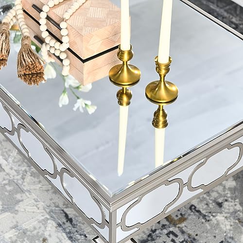 LUMISOL Glass Mirrored Coffee Table with Crystal Design, Modern Rectangle Silver Table with Adjustable Height Legs for Living Room, Silver