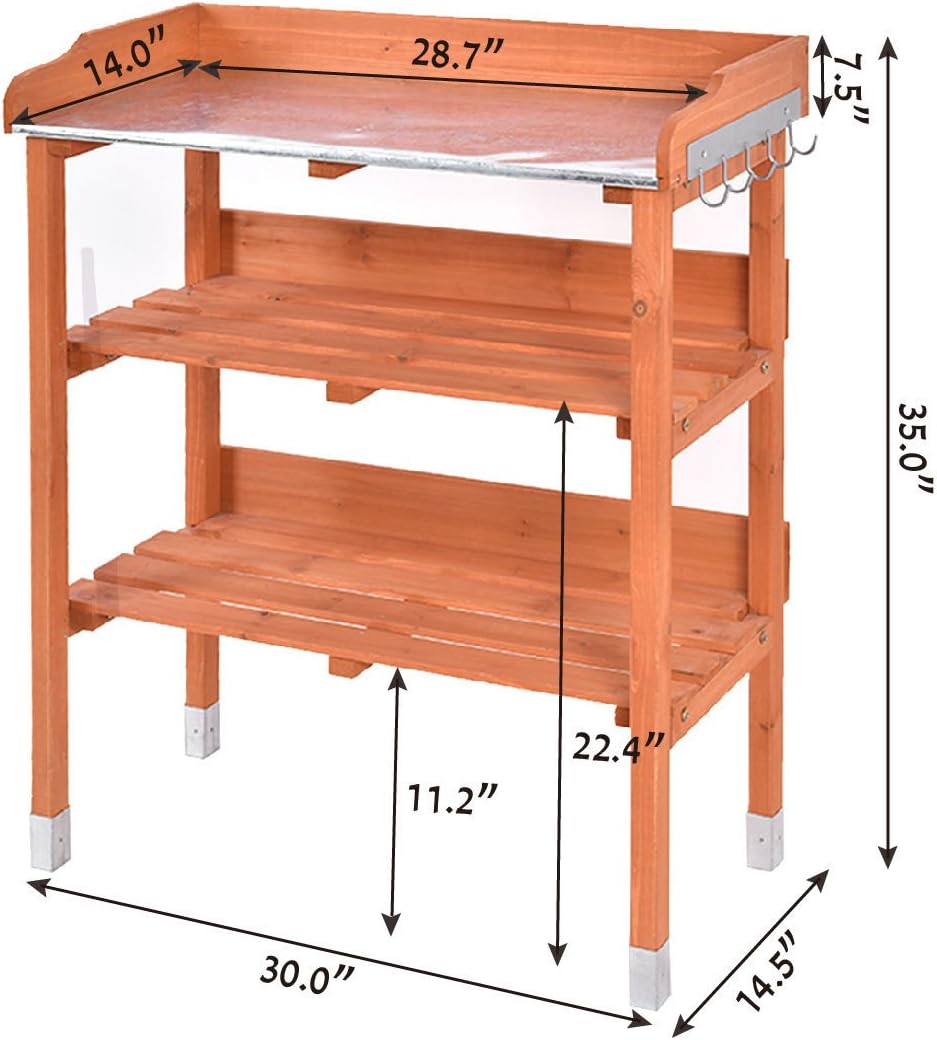 Outdoor Garden Wooden Potting Bench Work Station Table Tool Storage Shelf W/Hook