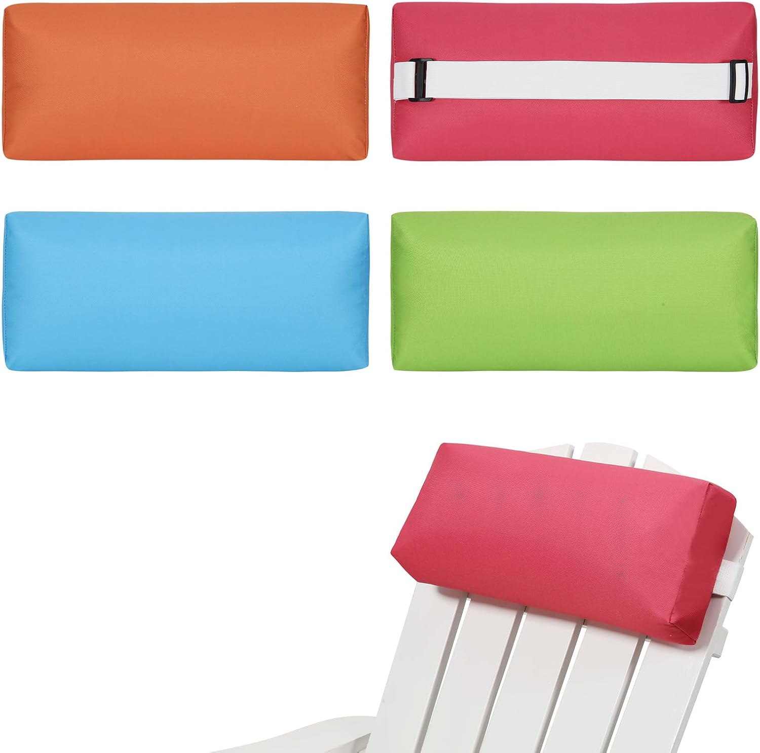 Decorative Outdoor Pillow, 4 Pack Chaise Lounge Headrest Pillows Pool Lounge Chair Pillows with Strap Recliner Pillow for Patio Garden Beach Balcony(Blue, Green, Brick Red, Orange)