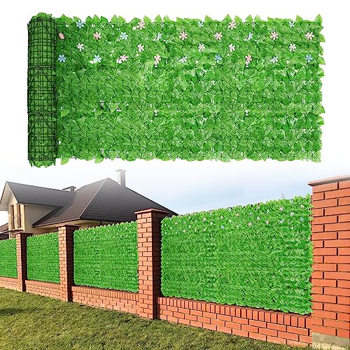OUSHENG 118x39in Artifical Ivy Fence Privacy Screen Cover with Flowers, Faux Vines Leaf Covering Wall Decoration for Outdoor Patio Balcony Apartment Backyard Deck Garden, Dark Leaves