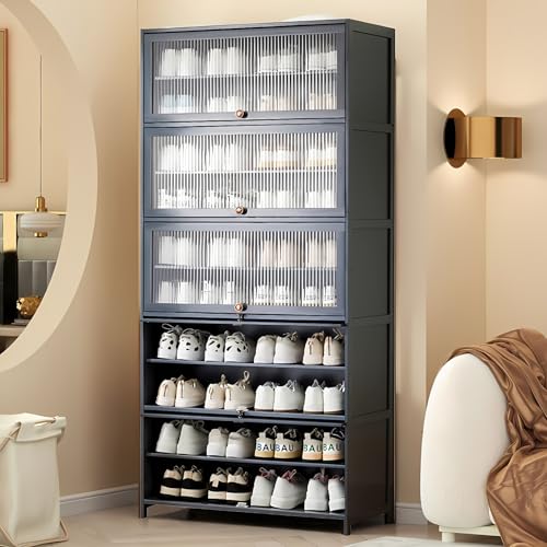 Large Bamboo Shoe Cabinet with Flip Acrylic Doors, Tall Shoe Rack Organizer, 10 Tiers 40 Pairs Freestanding Shoe Storage Cabinet for Entryway, Hallway, Living Room, Bedroom, natural