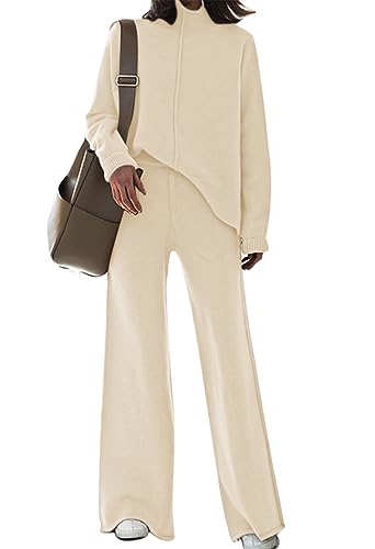 Fixmatti Women Knit Sweatsuit Turtleneck Sweater Top and Wide Leg Pant 2 Piece Outfits