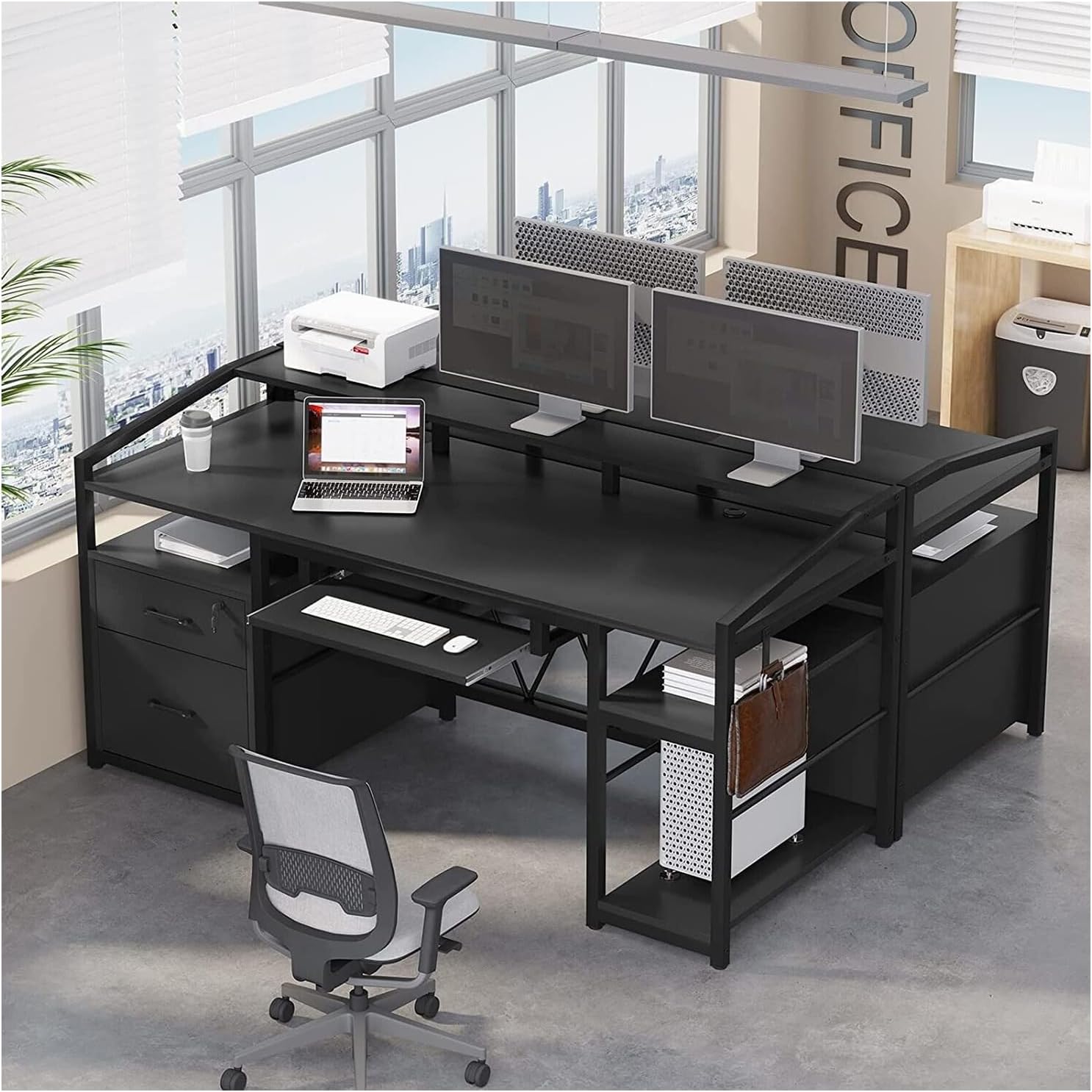 Saranya 18 Shop New Modern Black Computer Desk Office Desk with File Drawers & Monitor Shelf Writing Shelf Shelves Home Office Study and Workstation Living Room 63'L x 21.7