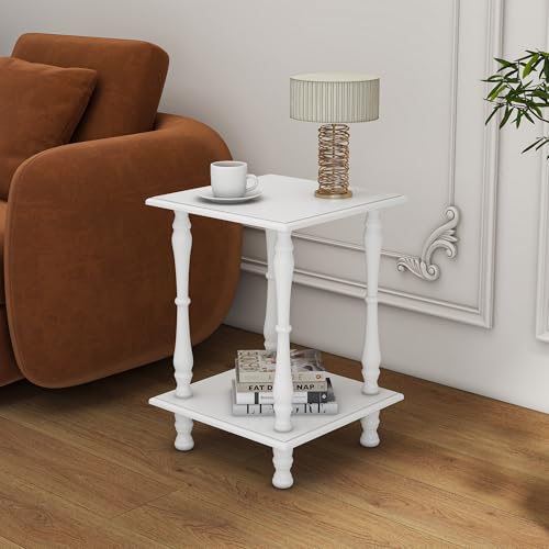 Square End Table with Storage Shelf Vintage Sofa Side Table 2-Tier Wooden Retro Bedside Table for Living Room Bedroom and Small Space, White