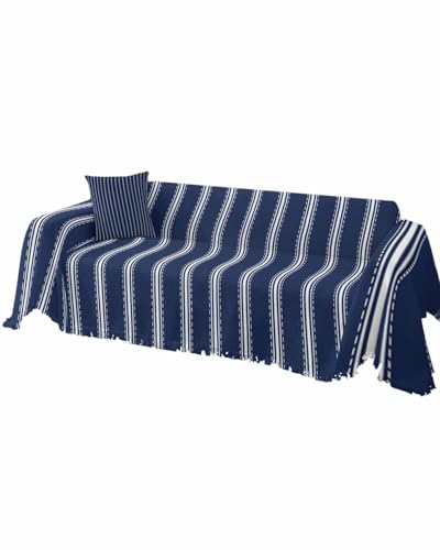 Modern Stripes Navy Blue Sofa Cover Couch Covers for 3-4 Cushion Couch Throw Couch Cover with Tassel Soft Sofa Slipcover Artistic Striped Blue White Furniture Protector Couch for Dog Pet 71