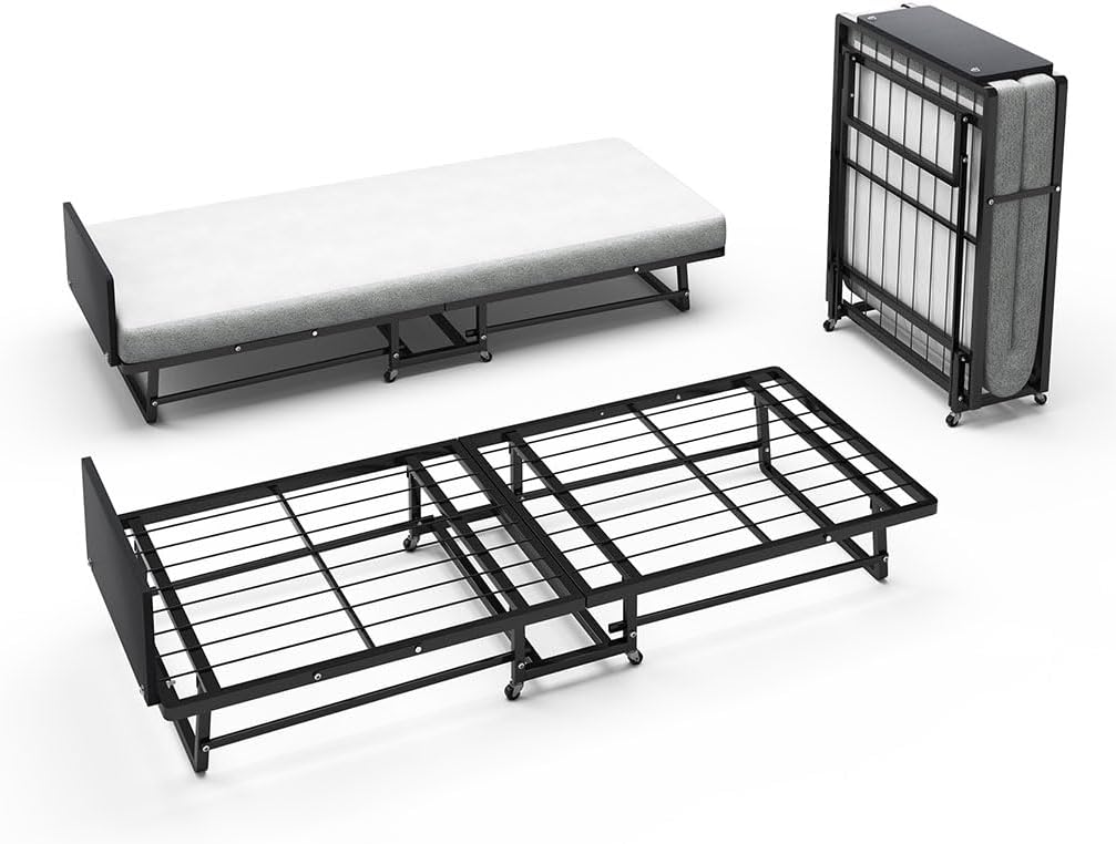 Folding Bed with Mattress - Single Size Portable Foldable Roll Away Adult Bed with 4 Lockable Wheels and Metal Frame Space Saving Fold Up Bed for Easy Storage