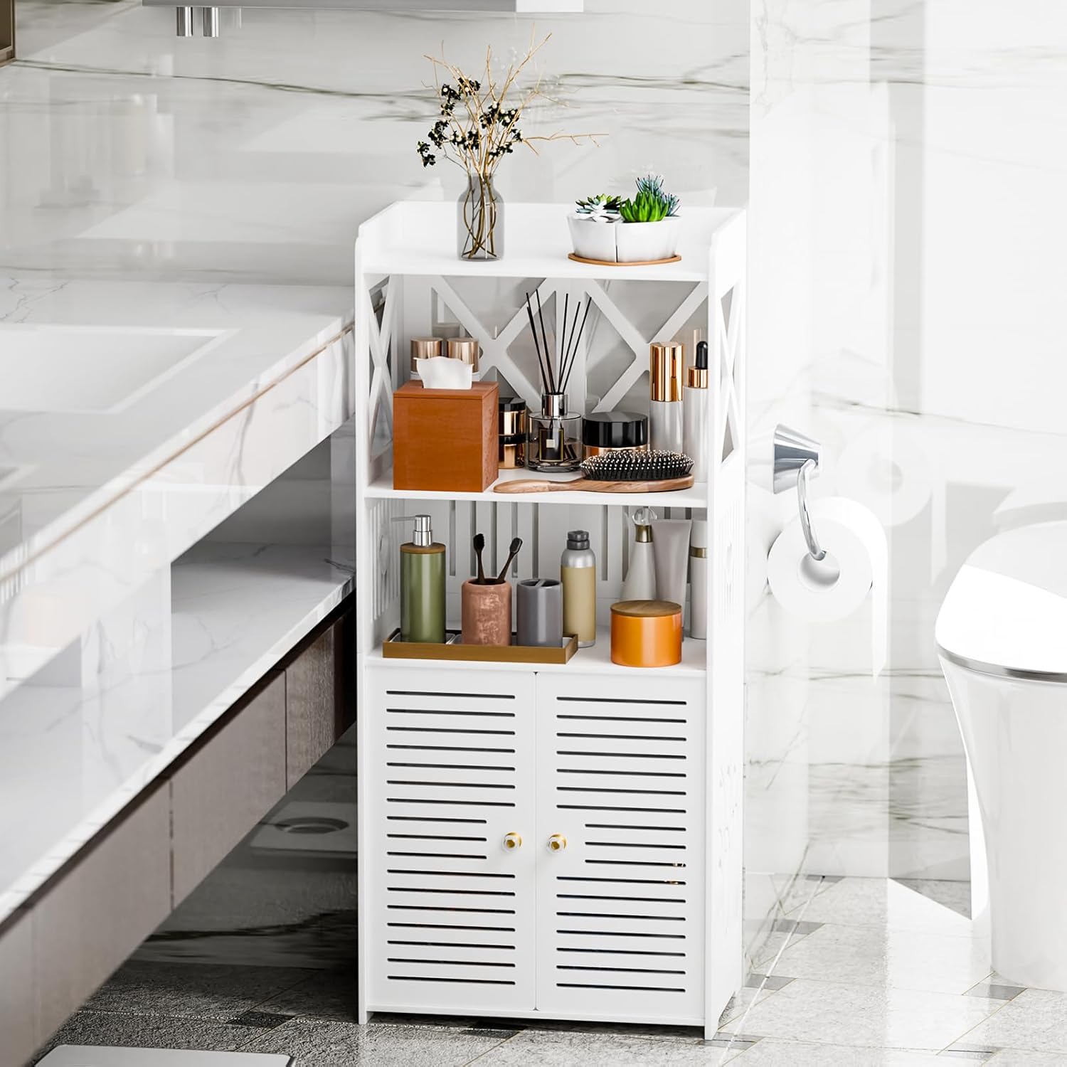 Modern Bathroom Floor Cabinet, Free Standing Slim Cabinet with Doors & Shelves for Towels, 35.4