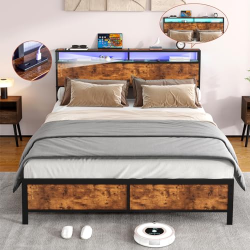 Modern Bed Frame with LED Lights and 2 USB Ports Industrial Style,Bed Frame with Headboard/Noise-Free/No Box Spring Required for Bedrooms and Small Apartment(Antique Brown (Queen)