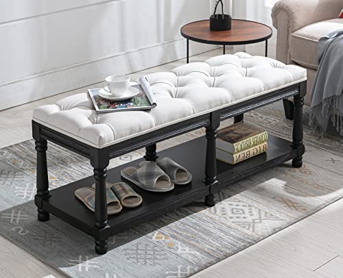 Guyou Farmhouse Entryway Bench with Storage 6 Foot, Rustic Upholstered End of Bed Bench with Shelf for Bedroom, 45x18.5 Foyer Bench Accent Bench for Living Room Bedroom (Grey Fabric)