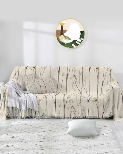 Branch Gray Sofa Cover Couch Covers for 3 Cushion Couch Throw Couch Cover with Tassel Soft Sofa Slipcover Spring Bird Tree Leaves Grey Couch Furniture Protector for Dog Pet 71