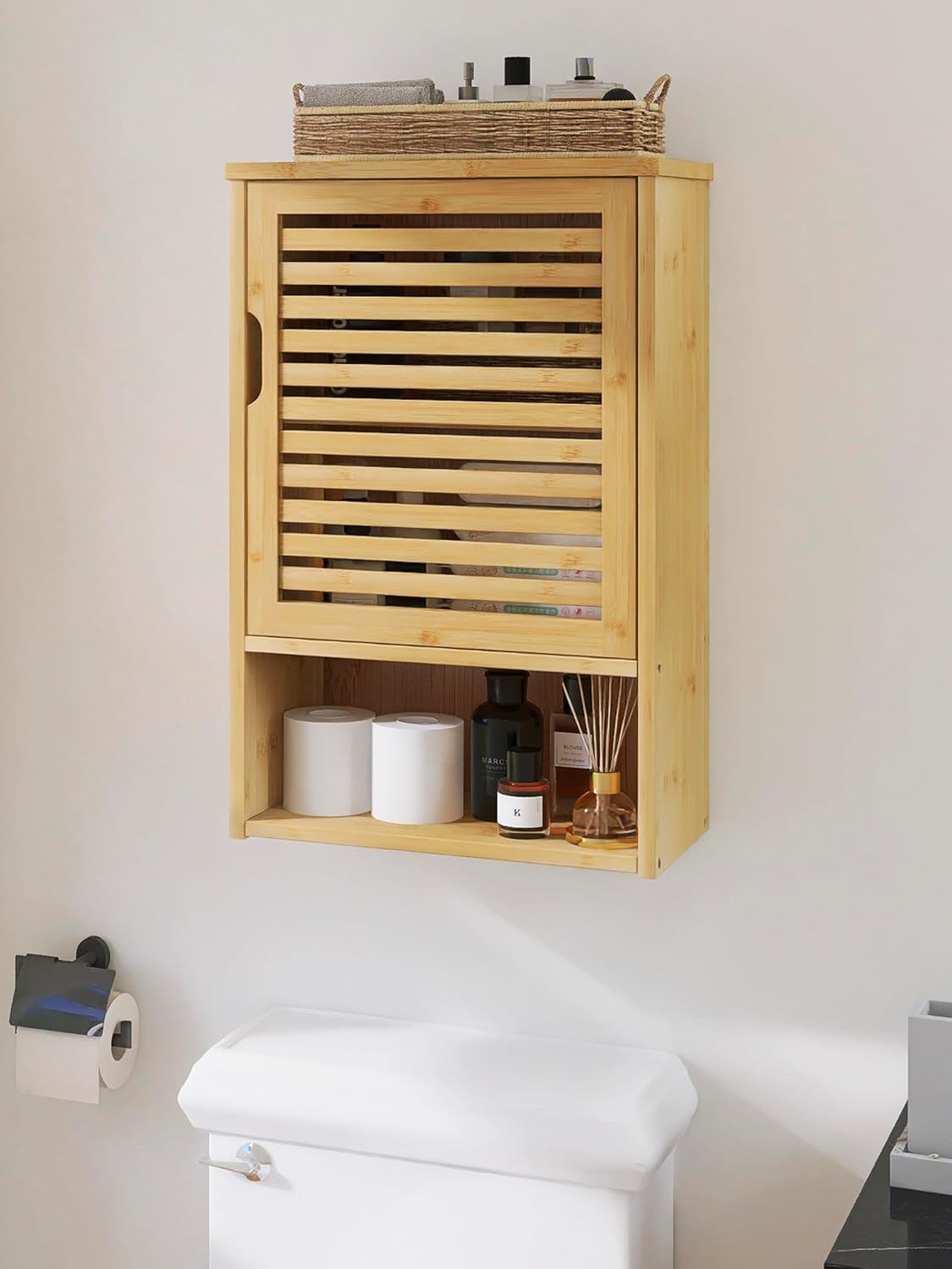 Wall Hanging Bathroom Cabinet and Narrow Tall Bookshelf, Bamboo Medicine Cabinet with Door, Adjustable Slim Display Shelving Unit