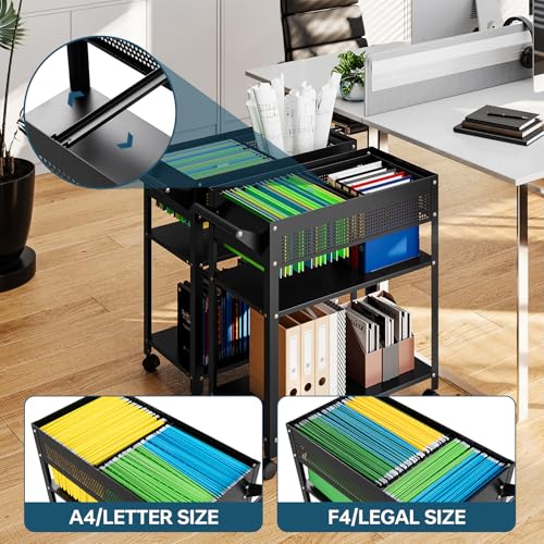 Mobile File Cart with Lock, Rolling File Cabinet Hanging Letter/Legal Size with Lockable Sliding Cover, Office File Organizer on Wheels