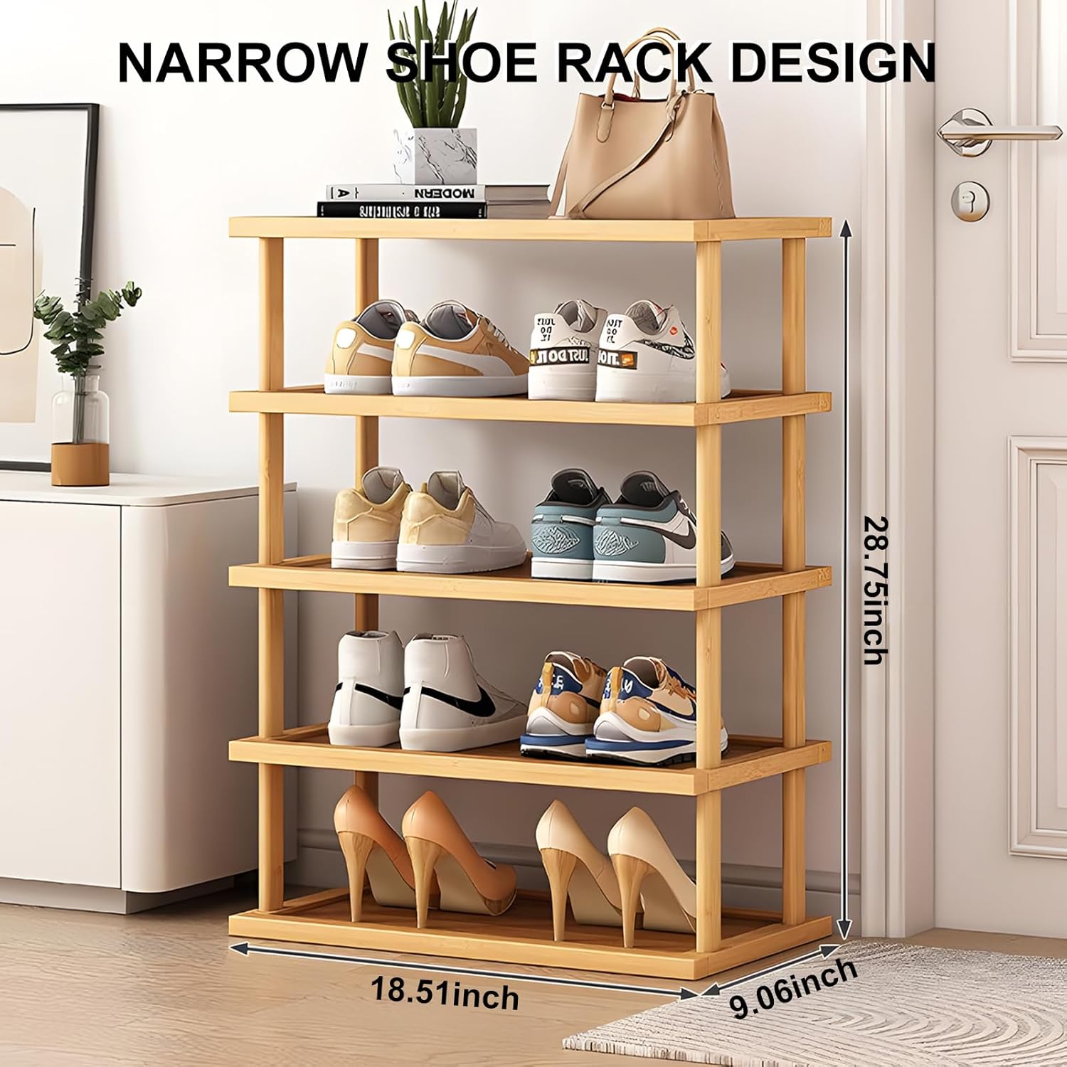 5 Tier Shoe Rack for Closet, Narrow Shoe Rack for Entryway, Small Bamboo Shoe Organizer, Space Saving Narrow Shoe Shelf, Stackable Shoe Racks Storage Organizer for Dorm Bedroom, Cloakroom