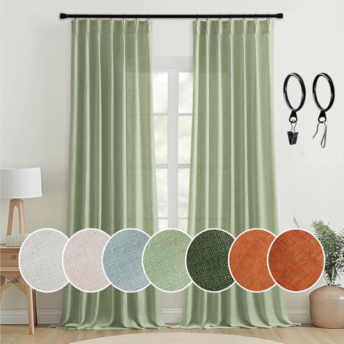 MIULEE Pinch Pleated Natural Linen Curtains 108 Inches Long 2 Panels for Bedroom Living Room, Soft Thick Linen Textured Window Drapes Back Tab Hooks Semi Sheer Light Filtering Neutral Farmhouse Cream