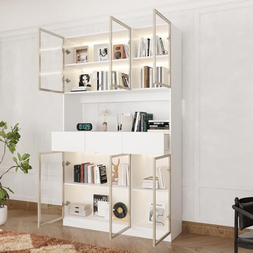 Homsee Bookcase Bookshelf with Storage Shelves, Drawers, 6 Glass Doors & LED Lights, Wooden Display Storage Cabinet with Hutch for Home Office, Living Room, White (47.2”W x 14.2”D x 78.7”H)