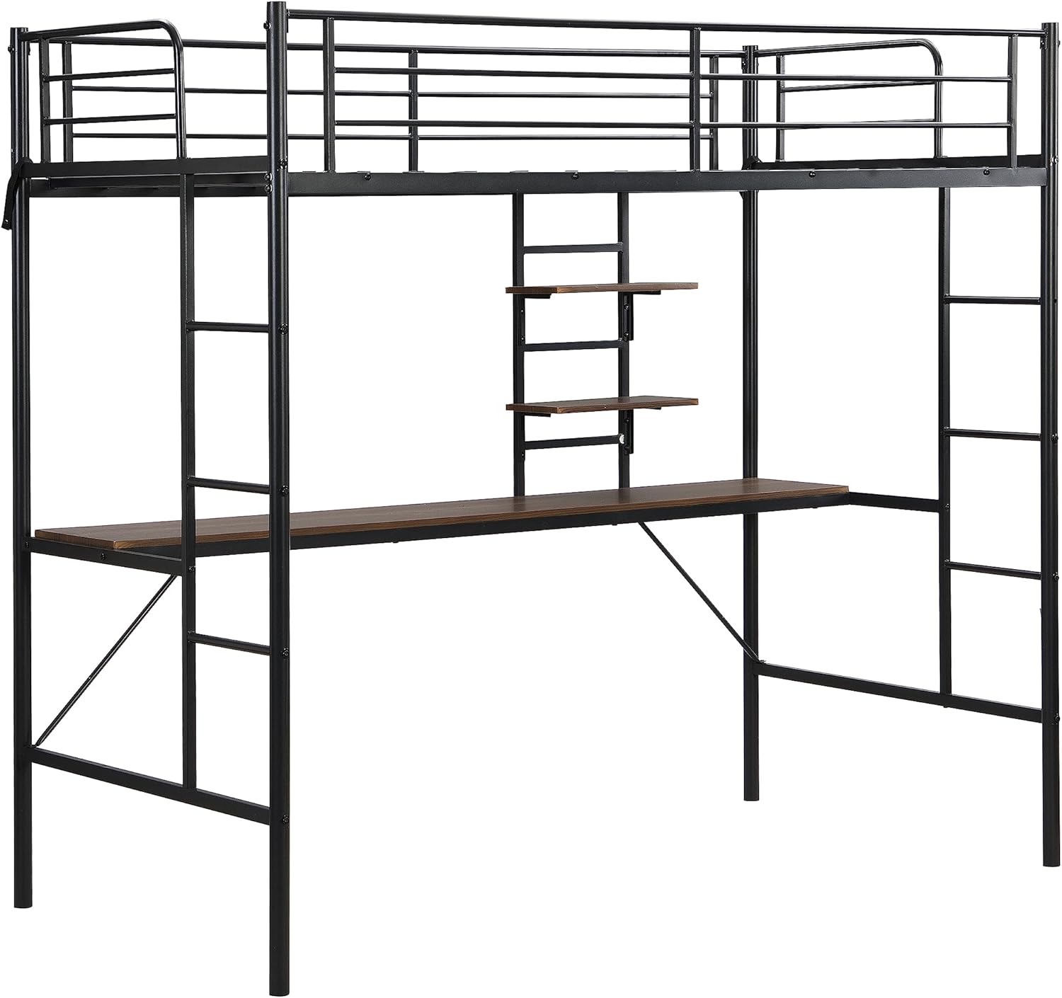 Metal Twin loft Bed with Desk and Storage Shelves,Space Saving Loft Bed with Desk Underneath Loft Bed Full-Length Guardrail,High Loft Bed Frame for Teens, Adults,