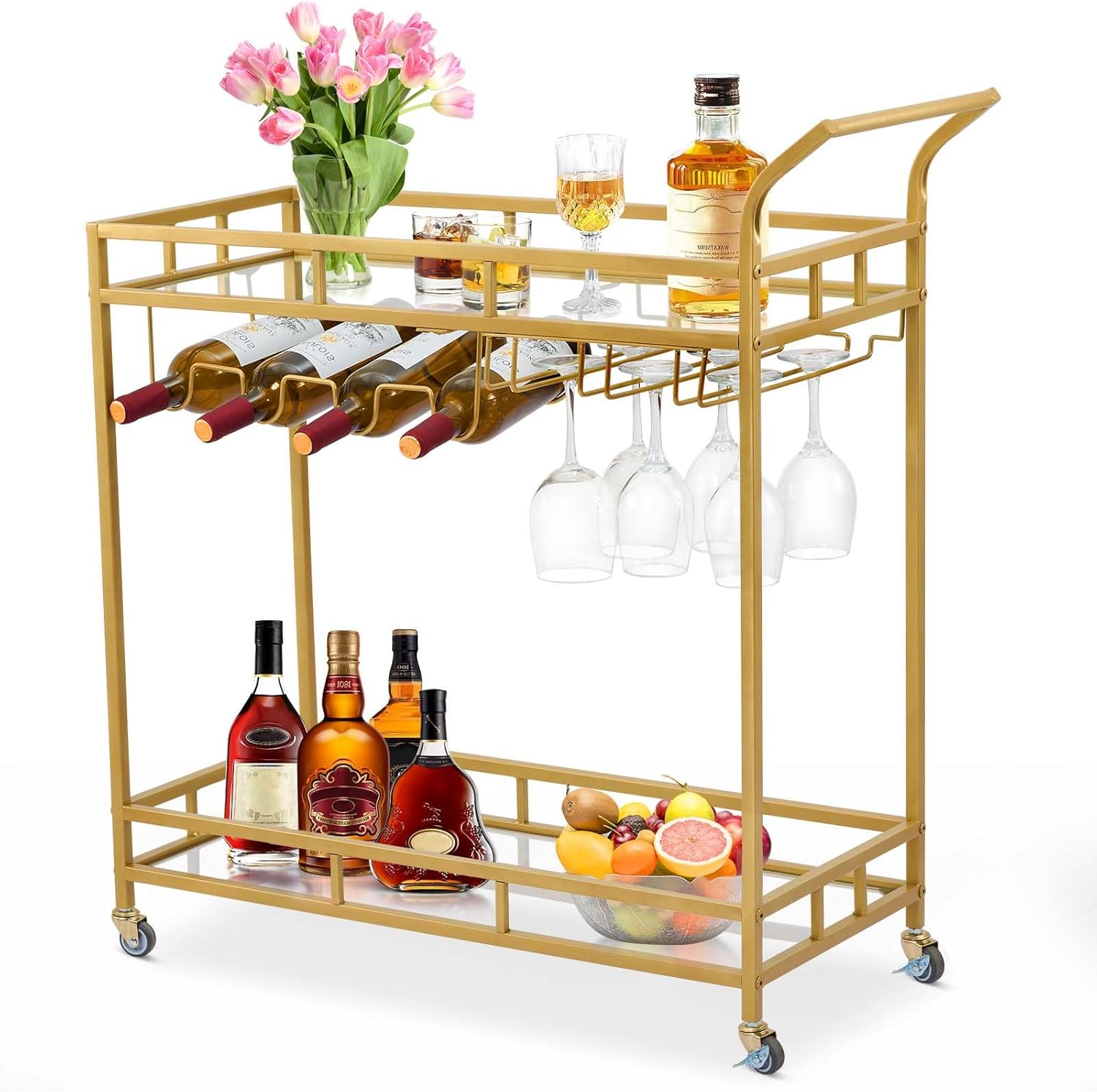 Bar Cart Gold, 2 Tiers Home Bar Serving Cart on Lockable Wheels, Rolling Alcohol Cart with Mirrored Shelves Guardrail Wine Rack, Modern Wine Cart for Home Kitchen Dining, Living Room, 35.4