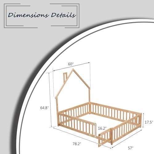 Full Size Montessori Floor Bed Frame with House-Shaped Headboard and Fence, Wooden Platform Bed Frame with Full-Length Guardrails and Door for Toddler Girls Boys (Grey, Full)