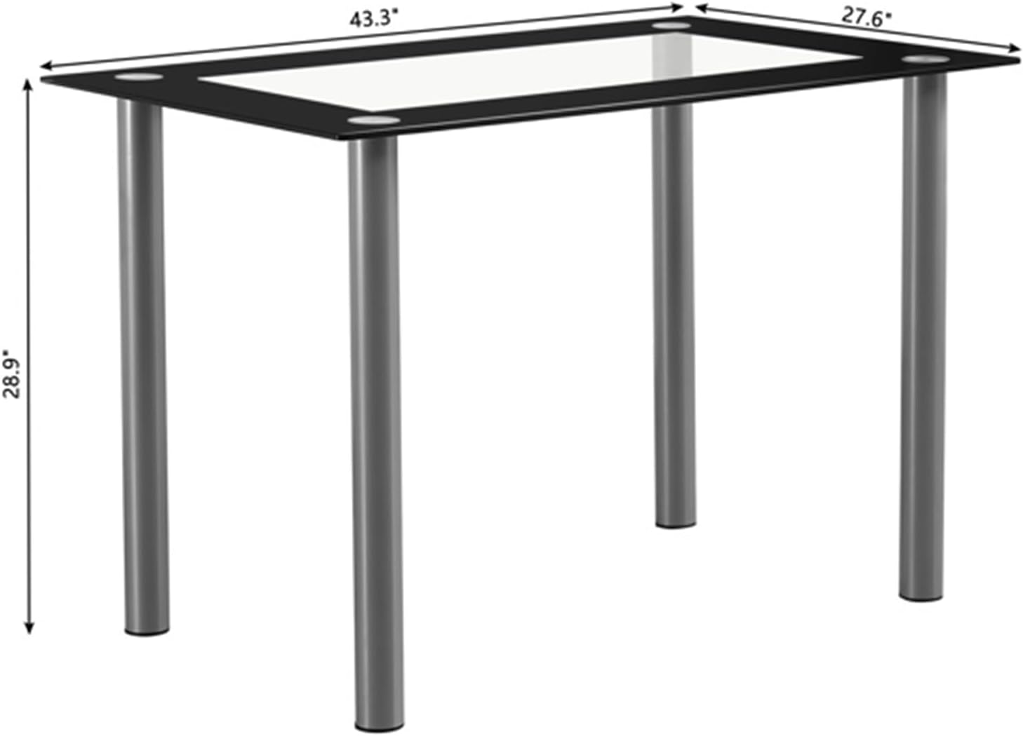 Simple Rectangular Cylindrical Legs Dining Table 4-Seater Tempered Glass Stainless Steel Black Edging Clear Glass 110 * 70 * 75cm