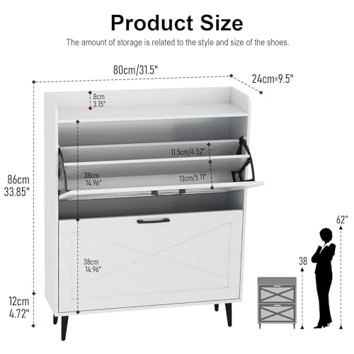 Shoe Storage Cabinet for Entryway with 2 Flip Doors, Hidden Shoe Storage Organizer with Metal Legs for Entryway, Closed Slim Shoe Rack Cabinet,White Oak