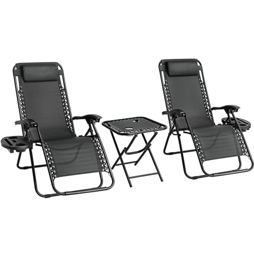 Zero Gravity Lounge Chair Outdoor Set of 3 with Side Table Adjustable Folding Reclining Lounge Chairs with Cupholders & Pillows for Deck Patio Beach Pool Backyard Lawn,One Size,Black