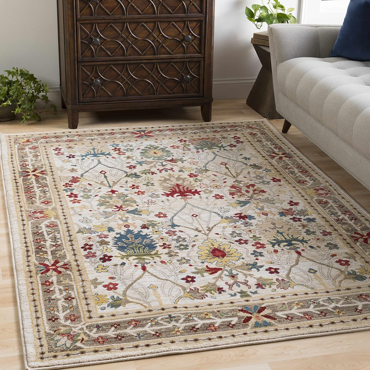 Neola Traditional Floral Bordered Area Rug - Oriental Damask Patterned Rug for Living Room, Bedroom, Dining Room - Red, Green, Sage, White - 2' x 2'11