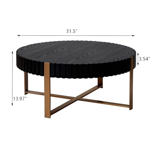 Goujxcy Round Wood Coffee Table for Living Room, Modern Circle Coffee Table Handcraft Drum Coffee Table Rustic Wooden Center Table Vintage Coffee Table with Metal Legs (Matt Black, 31.5