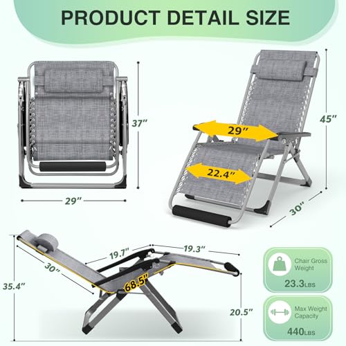 Suteck Oversized Zero Gravity Chair,29In XL Lounge Chair w/Removable Cushion&Headrest, Folding Patio Chair w/Upgraded Lock and Footrest, Reclining Patio Chairs Recliner for Indoor Outdoor