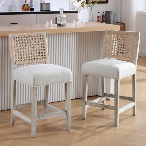 27-Inch Midcentury Modern Counter Stools, Beige, Set of 2 with Woven Back, Wooden Wicker Stool Chairs for Home Bar/Balcony