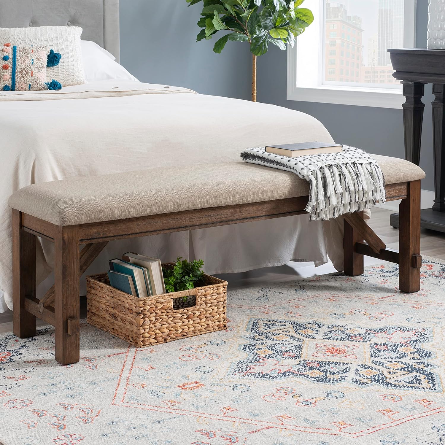 Powell Upholstered Seat Turino Backless Dining Bench, Rustic Umber and Light Beige