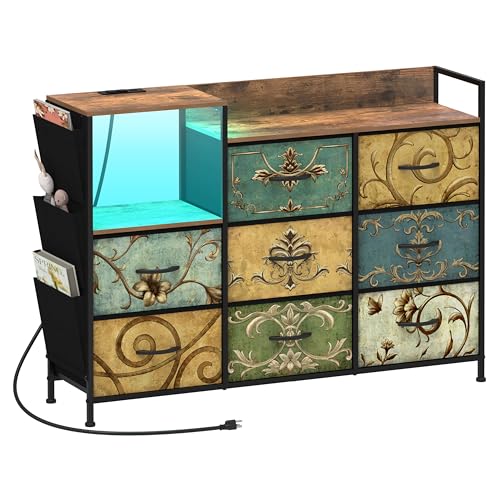 White 8 Drawers Bedroom Dresser with Power Outlets and LED Lights Side Pocket Open Shelf Long Fabric Chest of Drawers Vintage Dresser for Living Room TV Stand (Retro Flower, 8 Drawers)