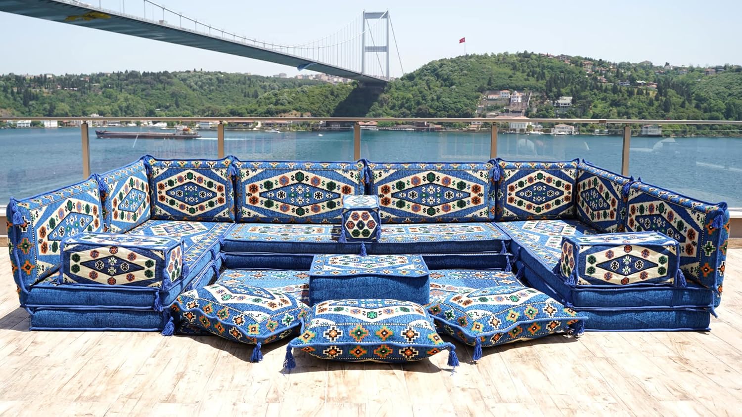 U Shaped Floor Cushions Set, Patio Sofas, Oriental Sofa, Ethnic Sofa, Moroccan Rug, Sectional Sofas, Arabic Seating Set, Diwan Sofa (8'' Thickness Sofa, U Sofa Full Set, Royal Blue)