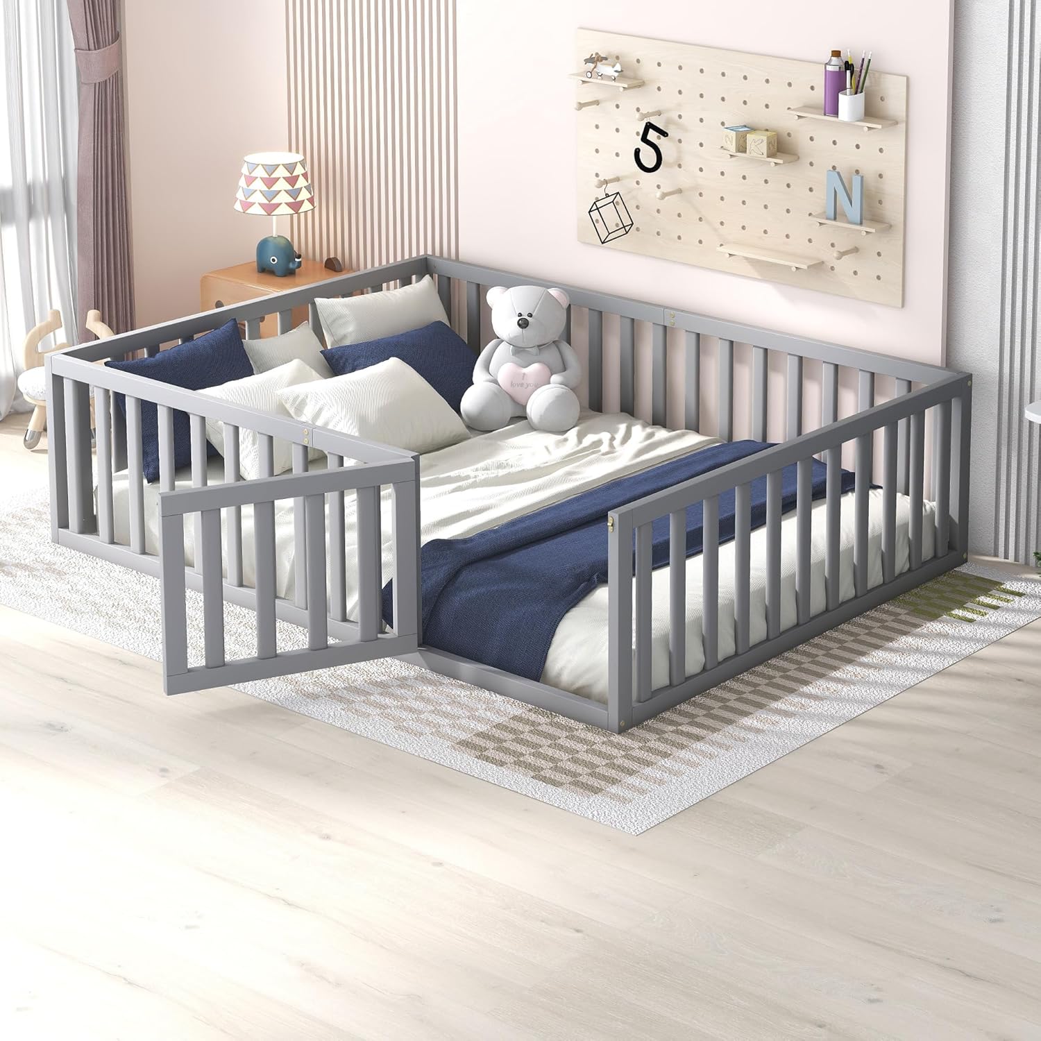 Harper & Bright Designs Full Floor Bed for Kids, Montessori Bed Frame with Guardrails and Door, Wooden Floor Full Bed for Kids, Boys Girls (Full Size, Gray)