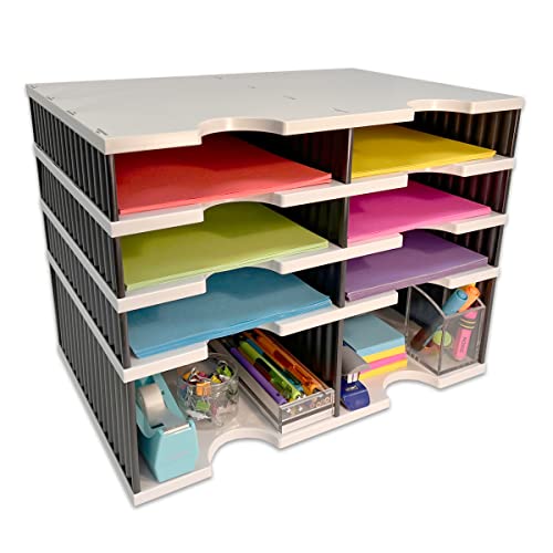 Desktop Organizer 4 Letter Tray Sorter PLUS Riser Storage Base for Easy Access to Lower Slots, Desk Accessories & Supplies. Optional File Topper & Drawers