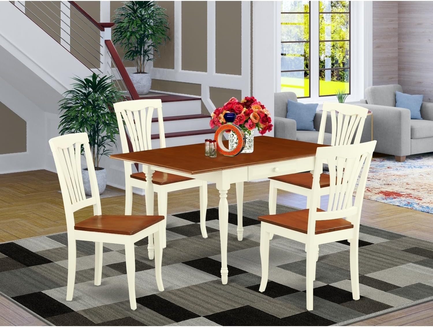 Elegant Escape 5Pc Dining Set Includes A Wood Dining Table and 4 Modern Dining Chairs with Wooden Seat, Drop Leaf Table with Slat Back Chairs, Buttermilk and Cherry Finish