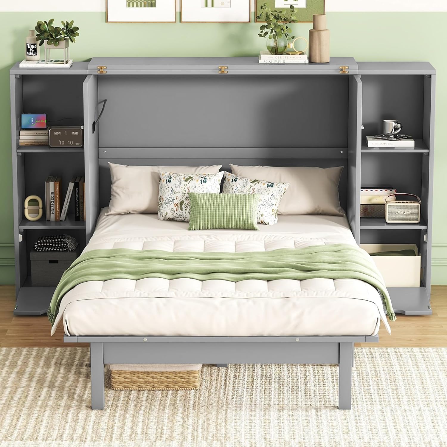 Queen Size Murphy Bed with 2 Units Shelves, Drawers & USB Ports, Foldable Wall Bed w/Charging Stations, Multifunctional Space-Saving Wooden Cabinet Beds No Box Spring Needed for Guest Room