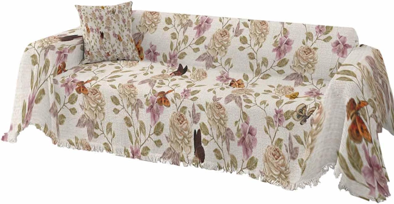 Floral Sofa Cover Couch Covers for 3-4 Cushion Couch Throw Couch Cover with Tassel Soft Sofa Slipcover Vintage Butterfly Flowers Leaves on Burlap Couch Furniture Protector for Dog Pet 71