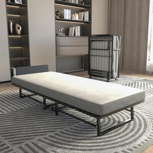 Folding Bed with Mattress Foldable Rollaway Adult Bed for Guest Space Saving Fold Up Bed for Easy Storage Portable Metal Bed Frame for Bedroom,Black