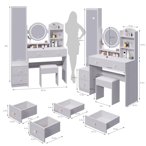 Betoko Makeup Vanity Desk with Full Length Mirror and Lights, Modern Dressing Table Set with Upholstered Stool Corner Dresser Desk with Storage Drawers and Shelves for Women for Bedroom(White)
