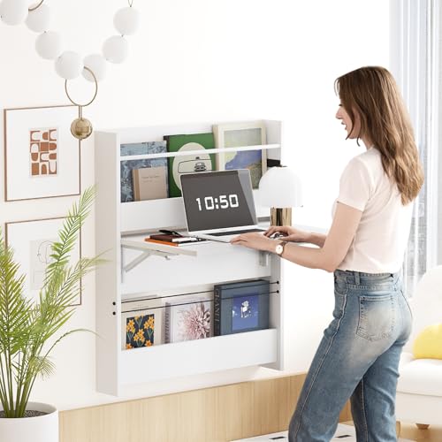 Wall Mounted Floating Table Computer Desk, Folding Wall Table, Floating Desk for Wall with Storage Shelf, Small Wooden Desk for Office Home, Study, Bedroom, Living Rooms, White
