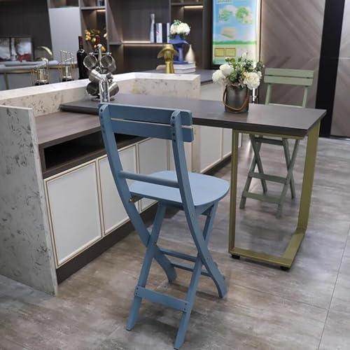 24inch Folding Bar Stool with Backrest, Modern Wooden Foldable Breakfast High Chair, Portable Tall Bar Stool for Kitchen Counter Balcony (Color : Blue)